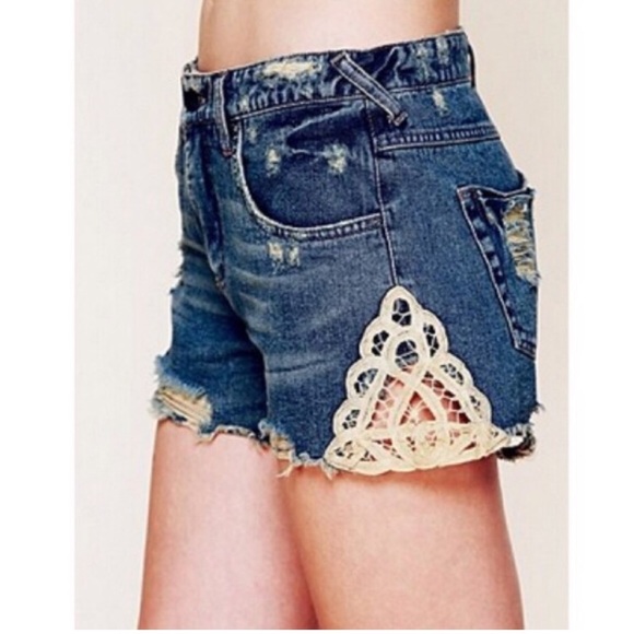 Free People Pants - Free People Battenburg Lace Distressed Jean Shorts